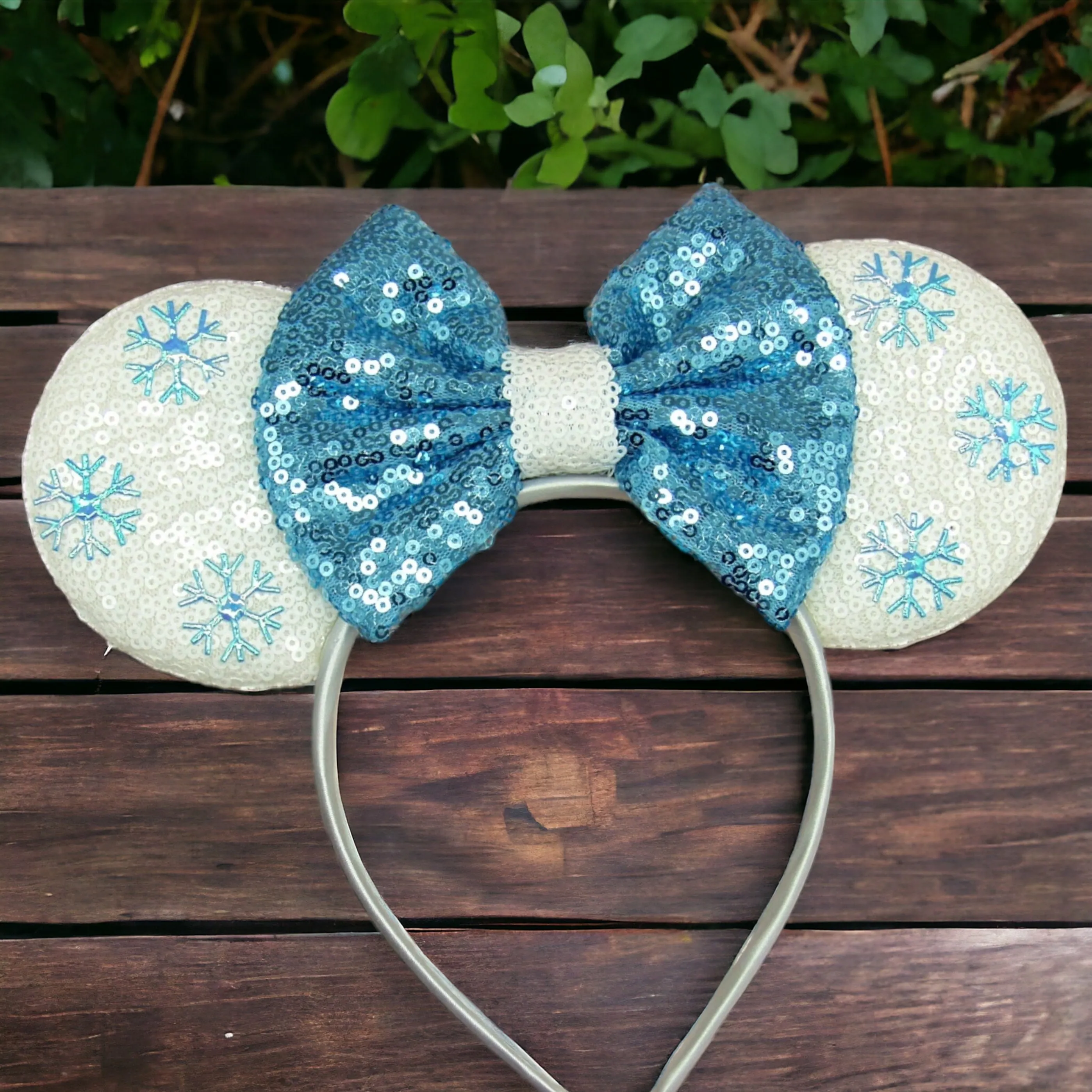 Frozen Inspired Mouse Ears Headband with Blue Sequin Bow - Elsa & Anna Design