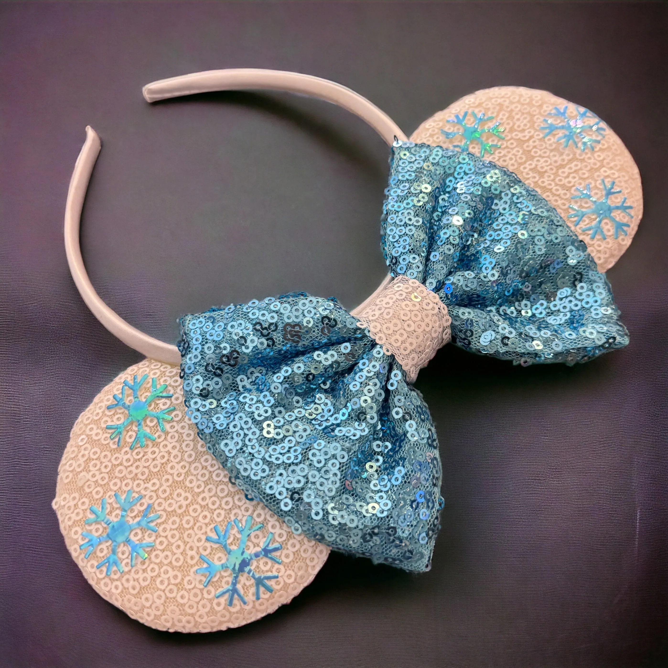 Frozen Inspired Mouse Ears Headband with Blue Sequin Bow - Elsa & Anna Design