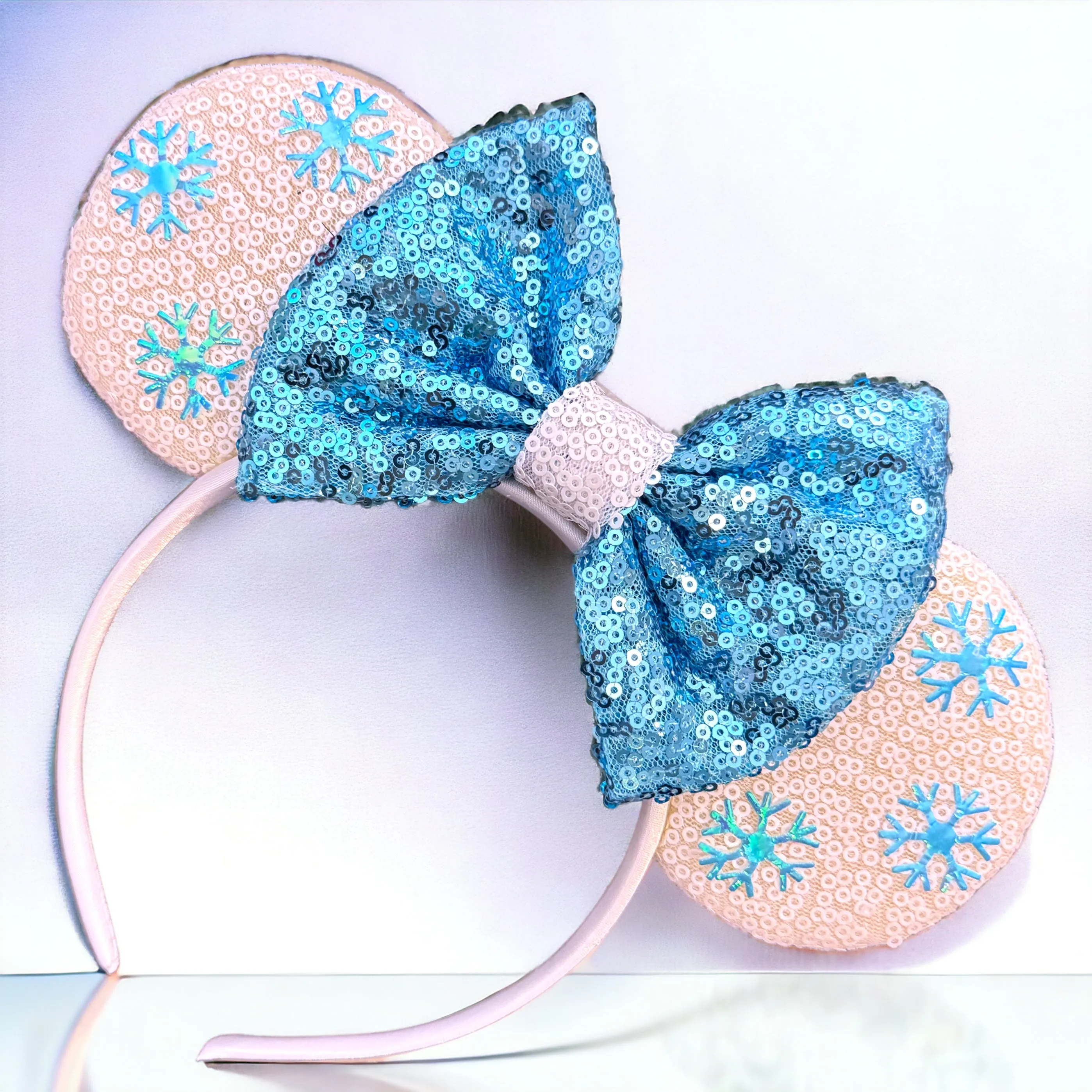 Frozen Inspired Mouse Ears Headband with Blue Sequin Bow - Elsa & Anna Design