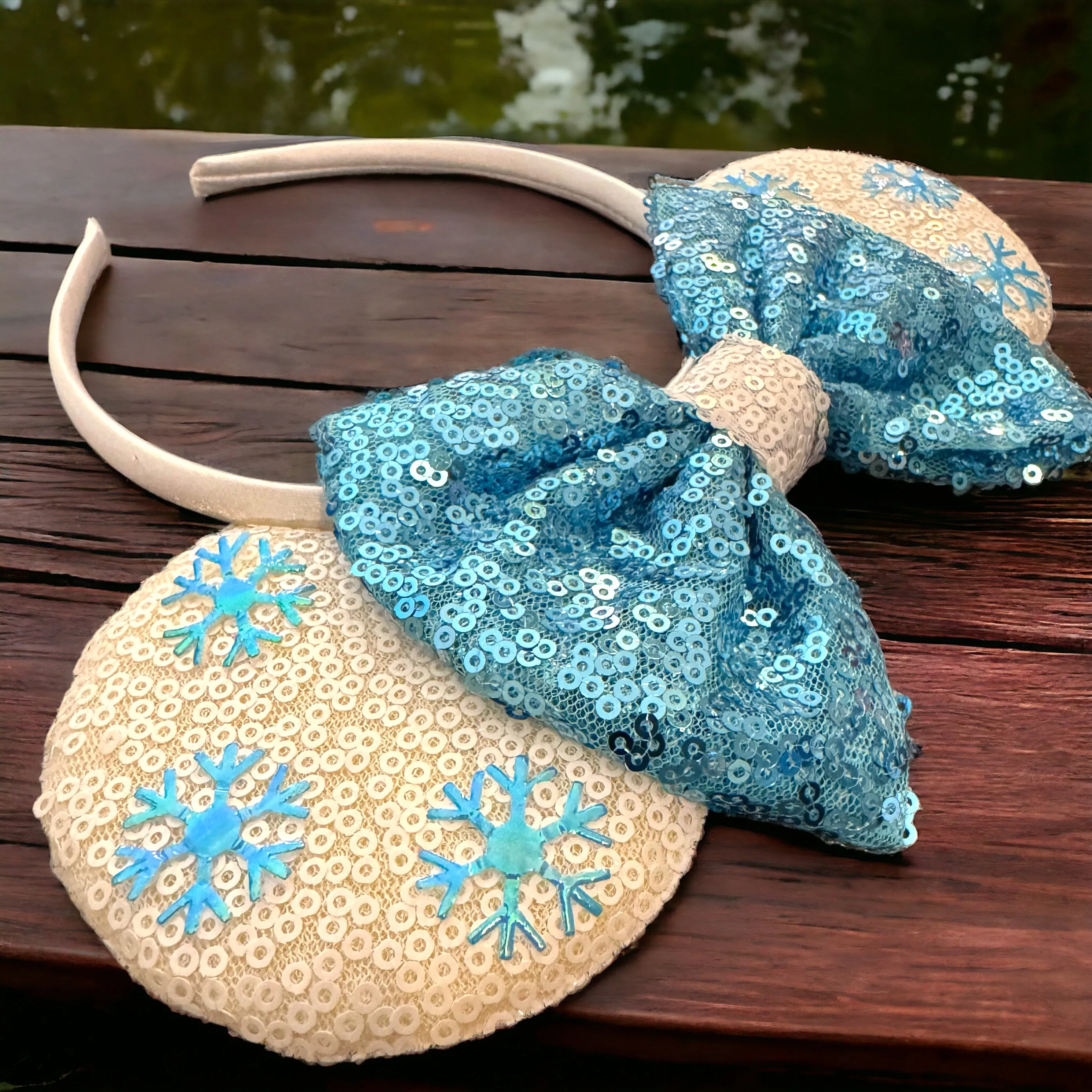 Frozen Inspired Mouse Ears Headband with Blue Sequin Bow - Elsa & Anna Design