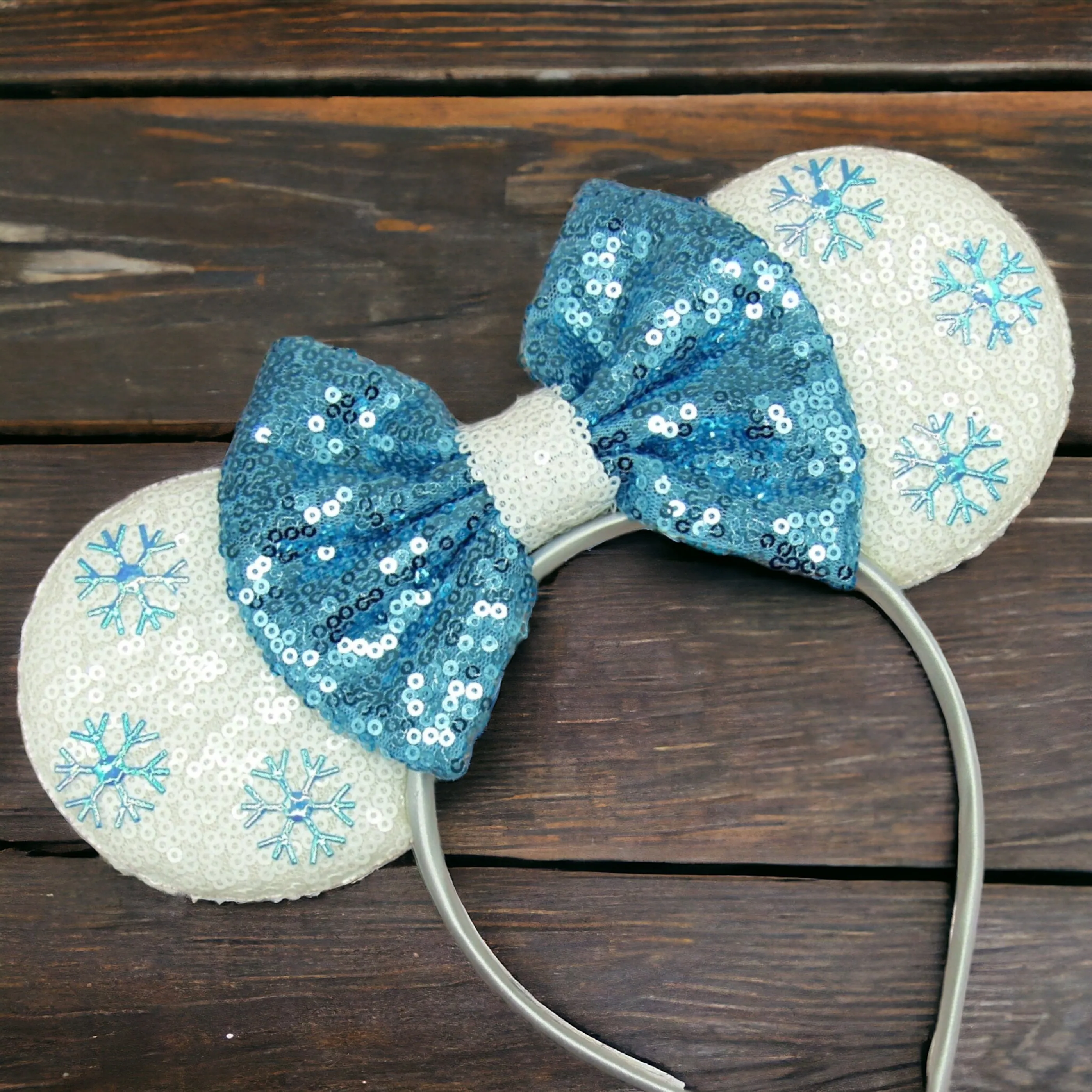 Frozen Inspired Mouse Ears Headband with Blue Sequin Bow - Elsa & Anna Design