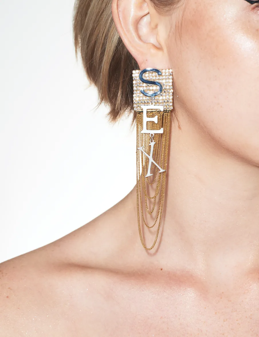 GLASS CRYSTAL ''S.E.X'' DROP WITH GOLD FRINGE CHAINS EARRINGS