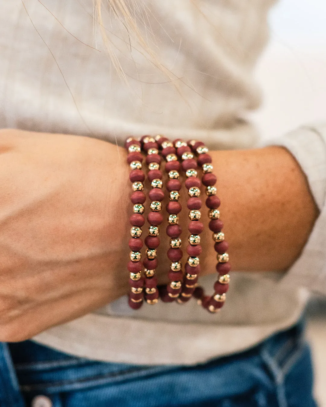 Gold and Wine Wooden Beaded Bracelets