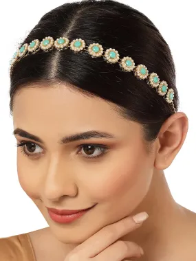 Gold Plated Light Blue Sun Flower Design Kundan Hairband