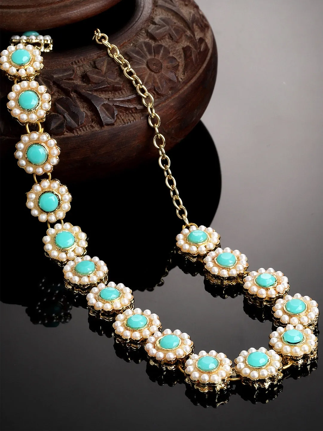 Gold Plated Light Blue Sun Flower Design Kundan Hairband