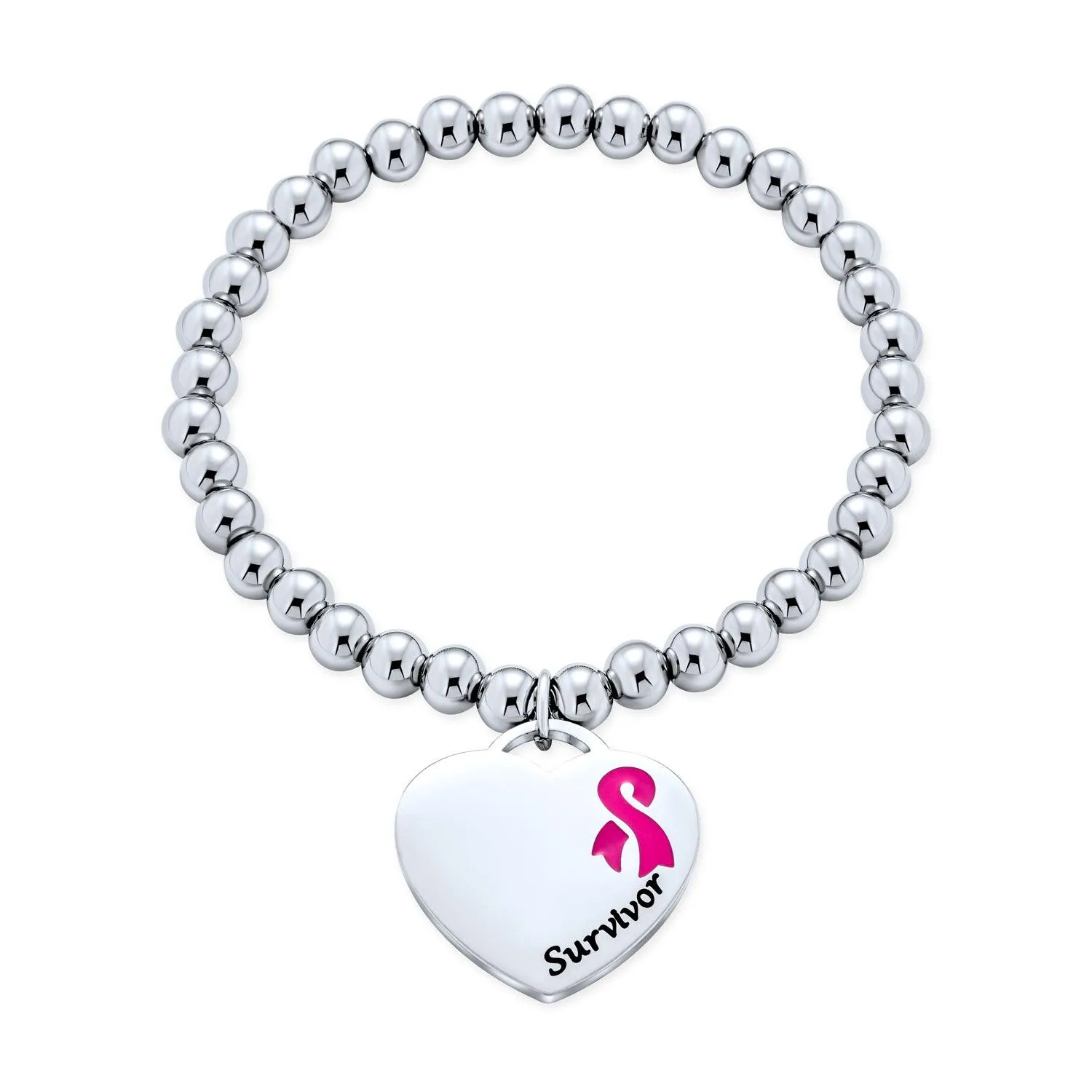 Heart Tag Pink Breast Cancer Survivor Stretch Bracelet Pendant Steel