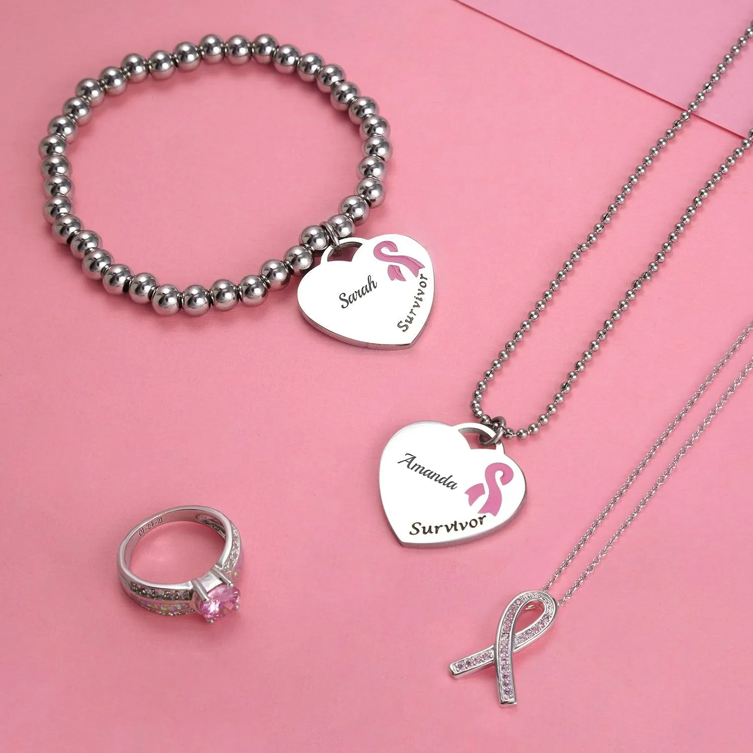 Heart Tag Pink Breast Cancer Survivor Stretch Bracelet Pendant Steel