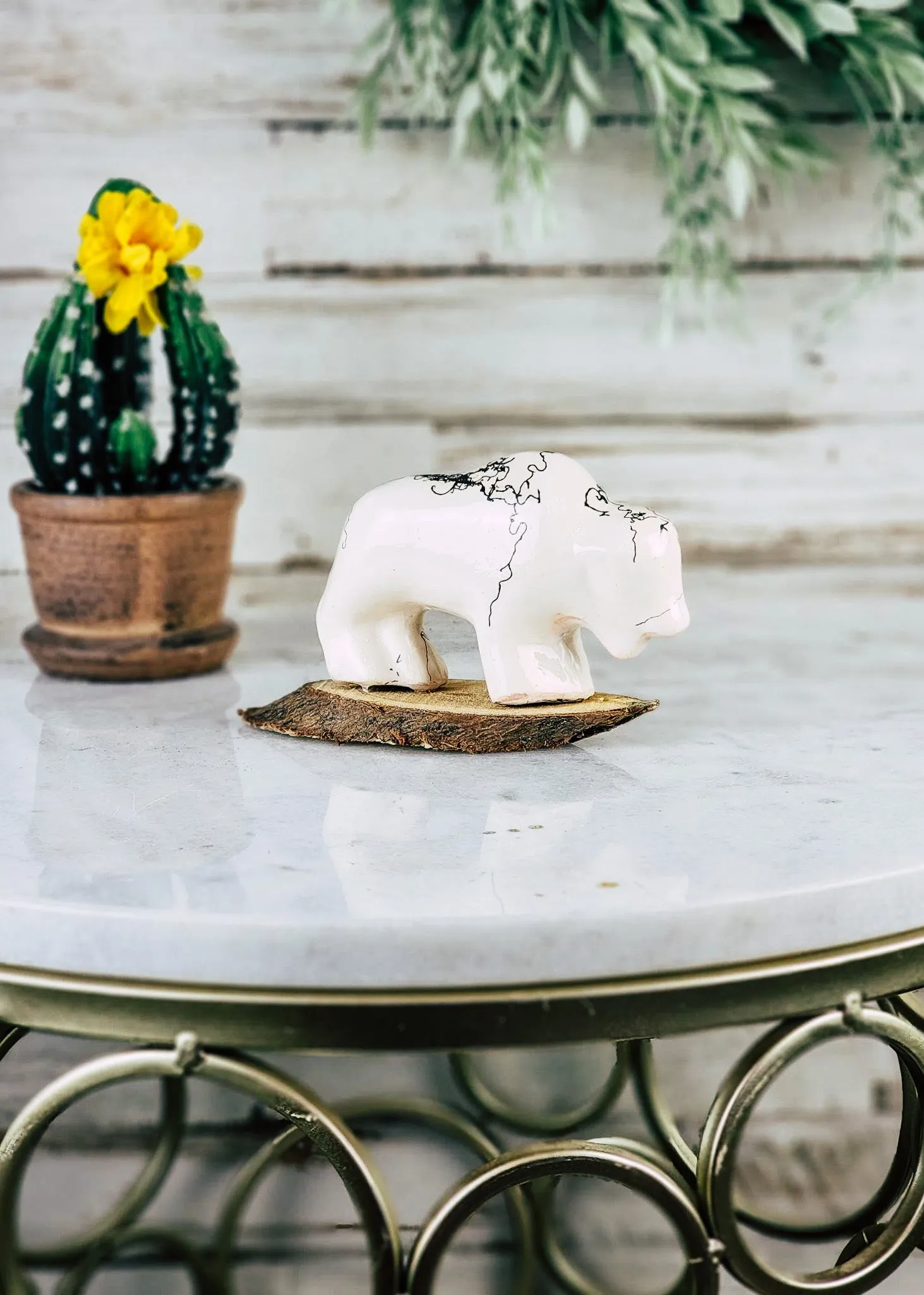 Horse Hair Small White Buffalo with Stand