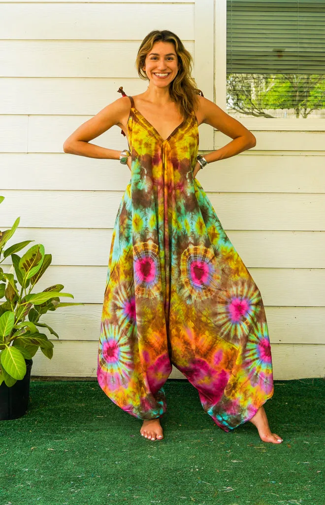 J97- Hand Dyed Wide Leg Boho Hippie Jumpsuits Rompers Pants with Pockets