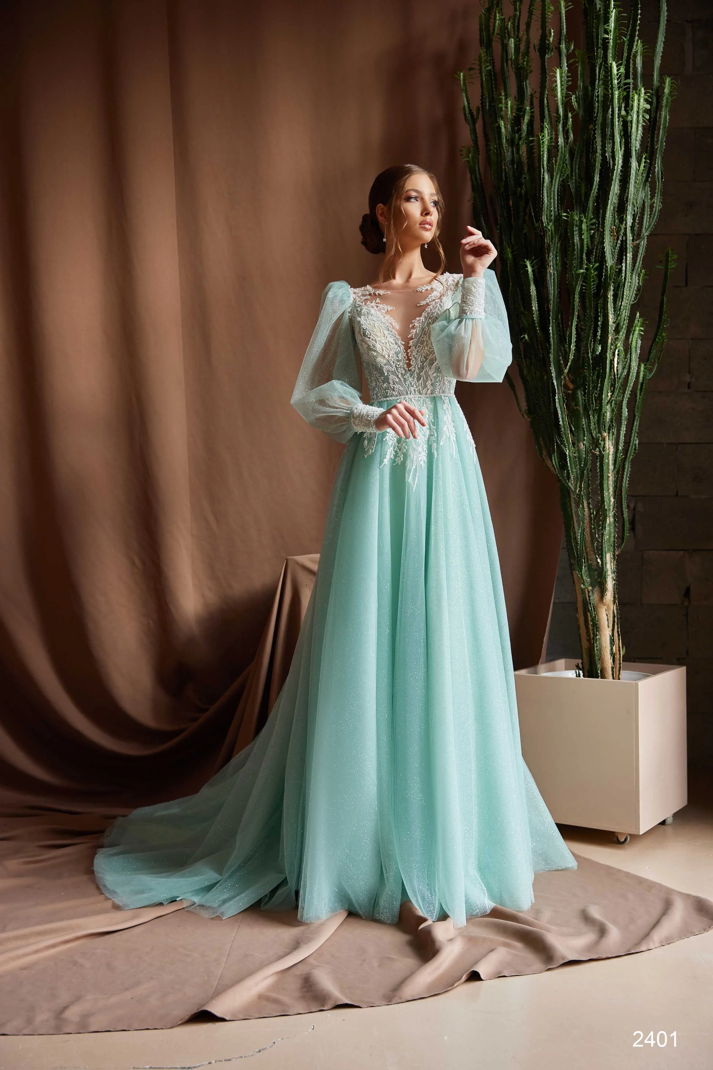 Long Sleeved Tulle Gown for Formal Occasions