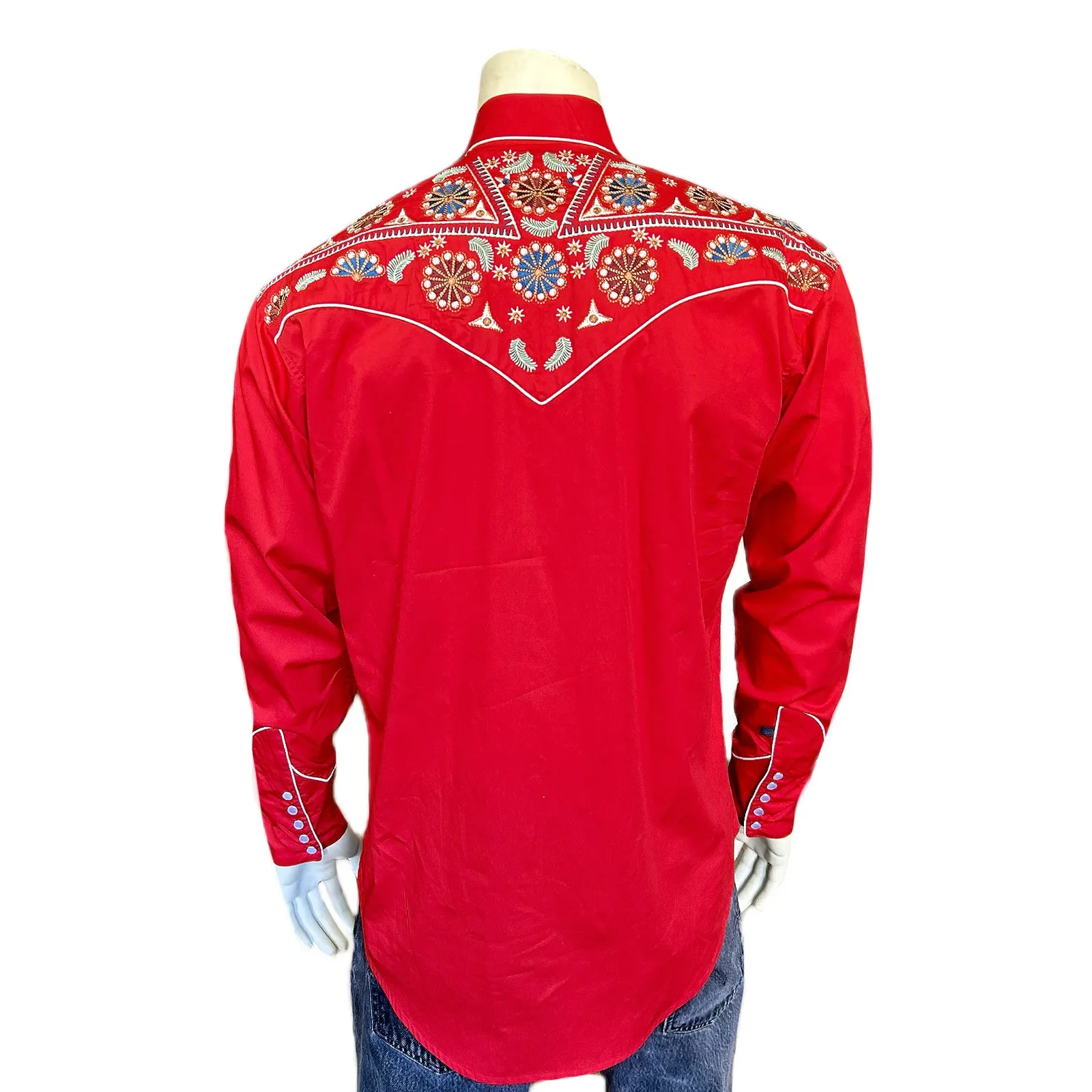 Men's Vintage Red Floral & Stars Embroidery Western Shirt