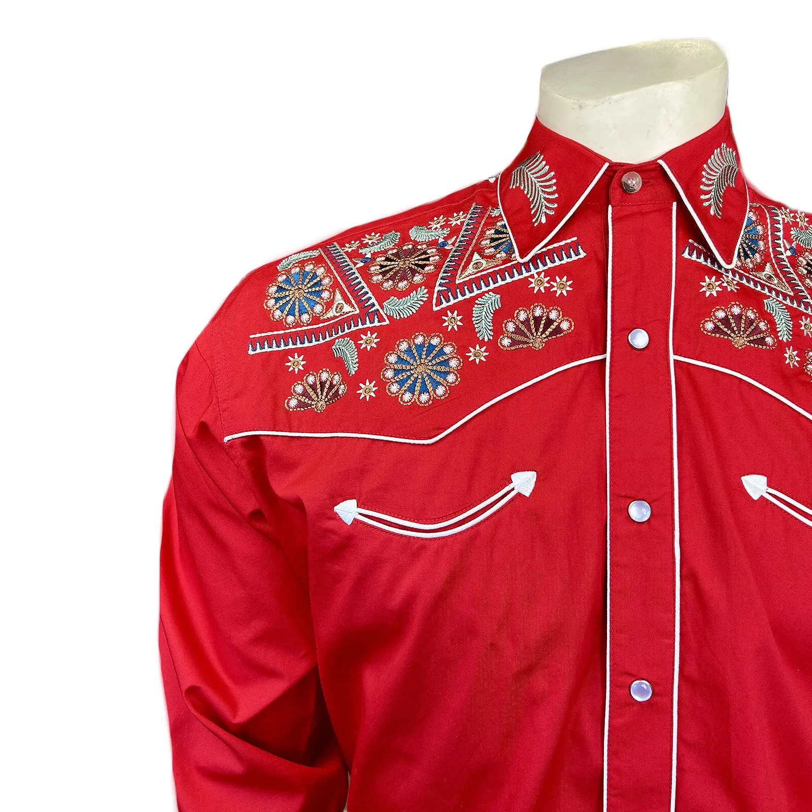 Men's Vintage Red Floral & Stars Embroidery Western Shirt