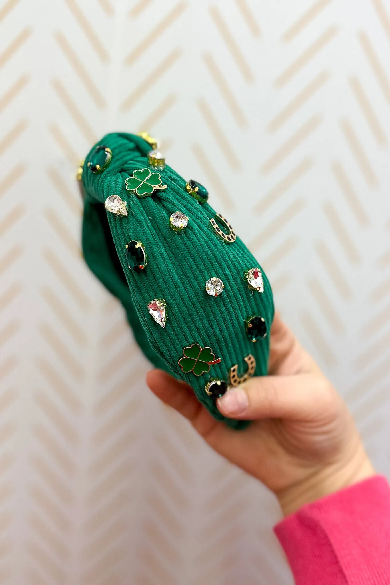 Mixed Media Corduroy Knotted Headband Featuring St. Patrick's Day Charms