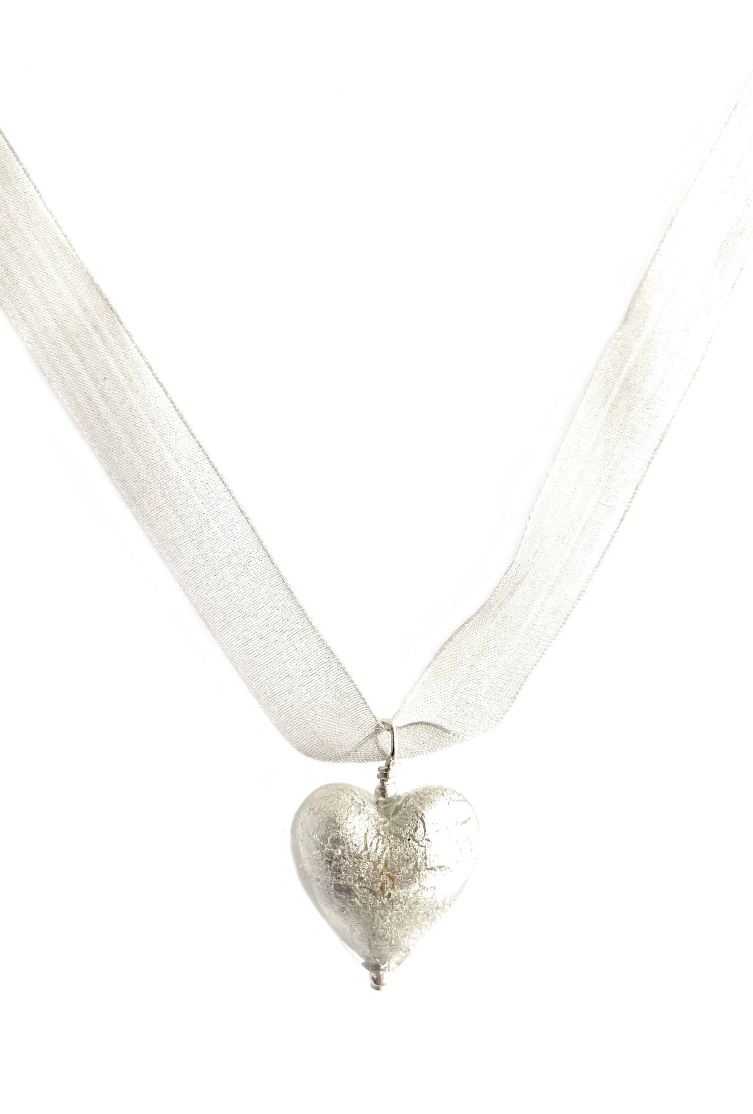 Necklace with clear crystal, white gold Murano glass medium heart pendant on ribbon