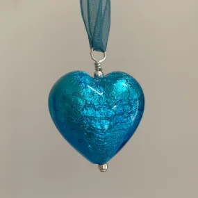 Necklace with turquoise (blue) Murano glass large heart pendant on organza ribbon