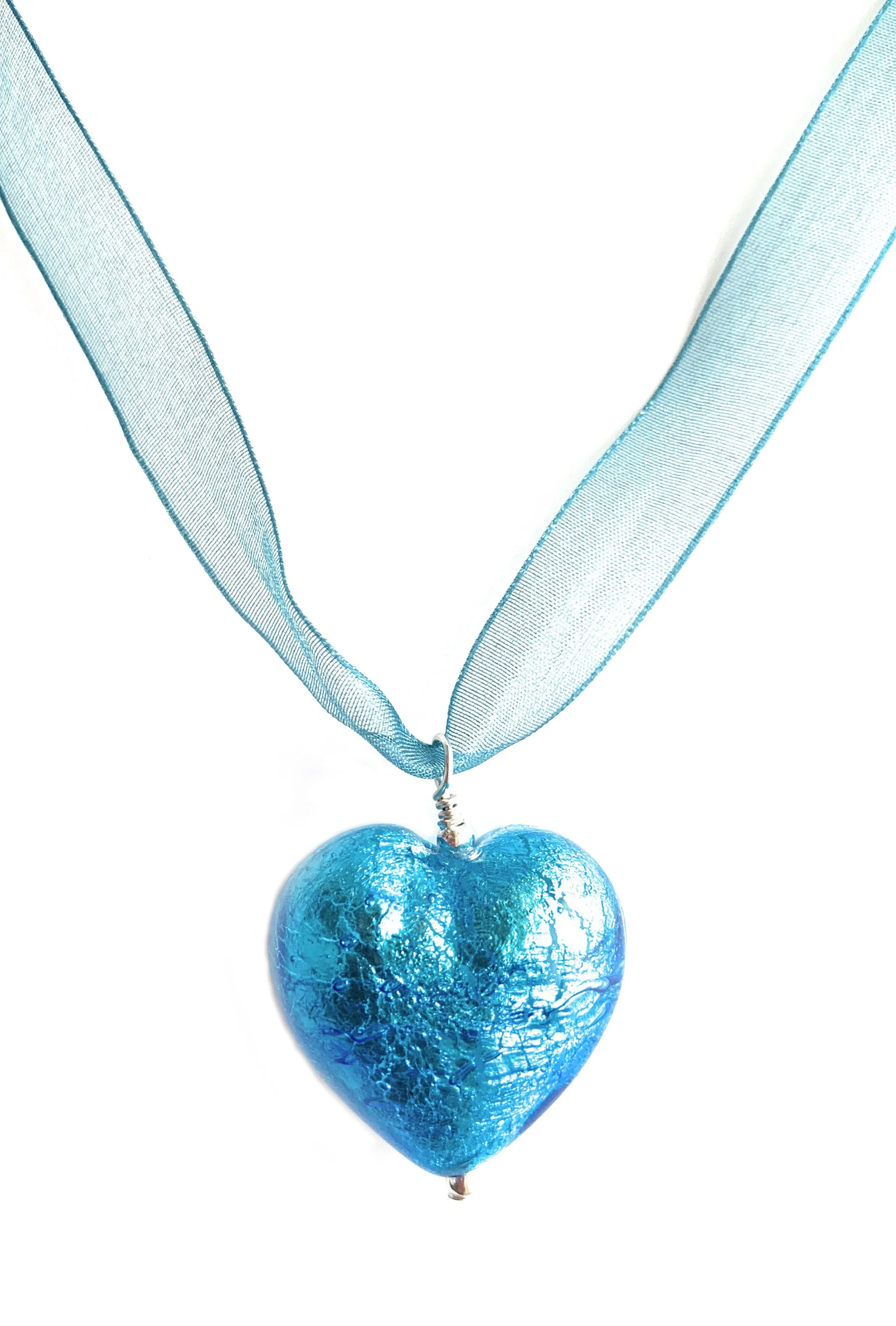 Necklace with turquoise (blue) Murano glass large heart pendant on organza ribbon