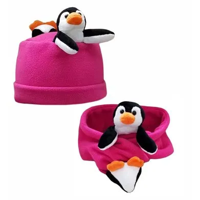 Penguin on Fuchsia Fleece Buddy Hat & Scarf