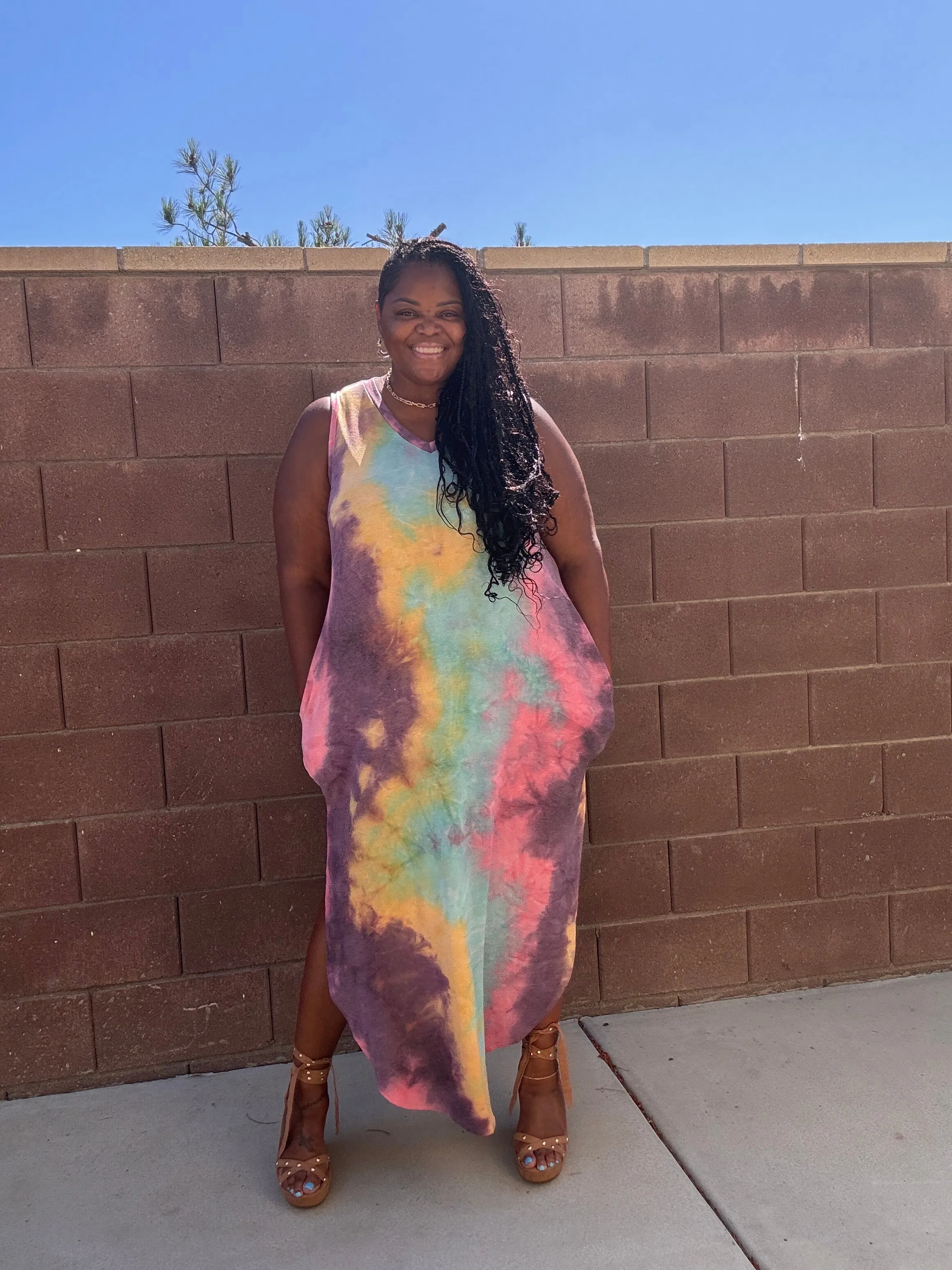 Plus Size Tie Dye V Neck Tie Dye Round Hem Maxi Dress