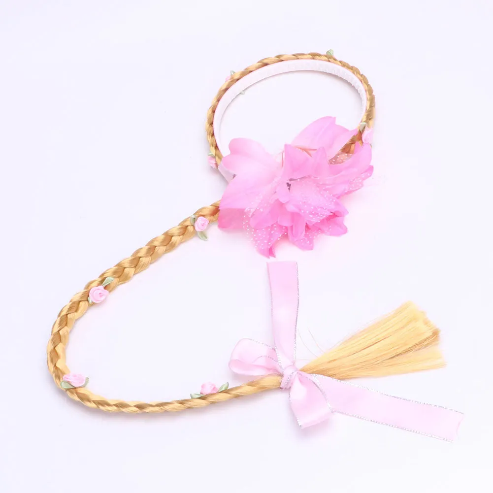 Princess Hairpiece Pink Long 29" Cosplay Braided Wigs for Girls Princess Dress Up Accessories (Pink Flower)