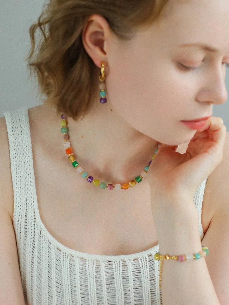 Rainbow Candy Cube Gemstone Beaded Bracelet