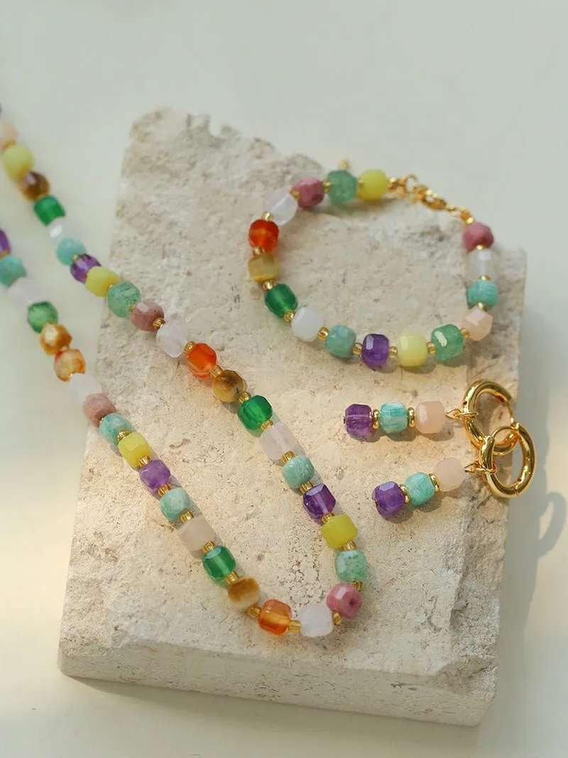 Rainbow Candy Cube Gemstone Beaded Bracelet