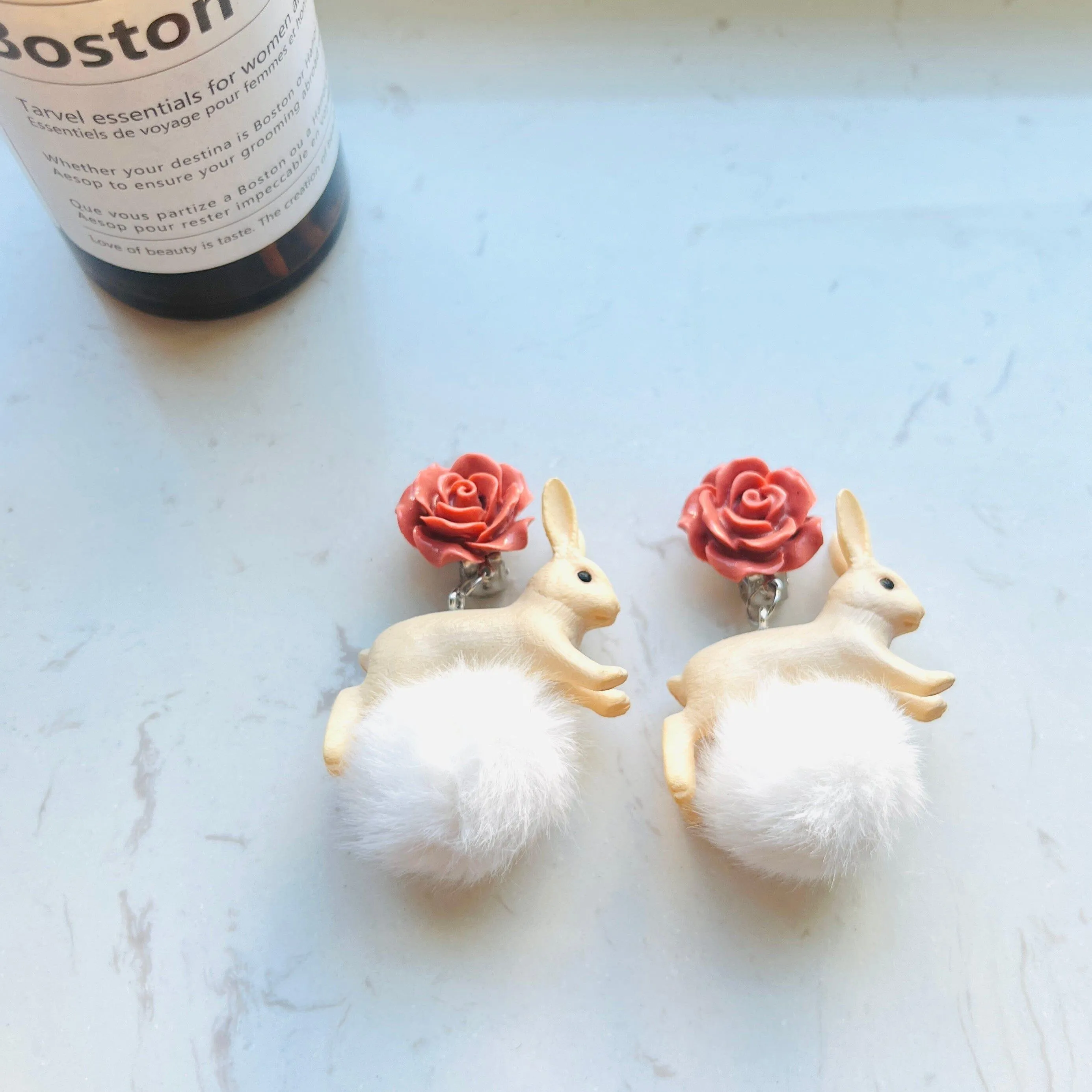 Stuffed Ball Bunny Clip On Earrings