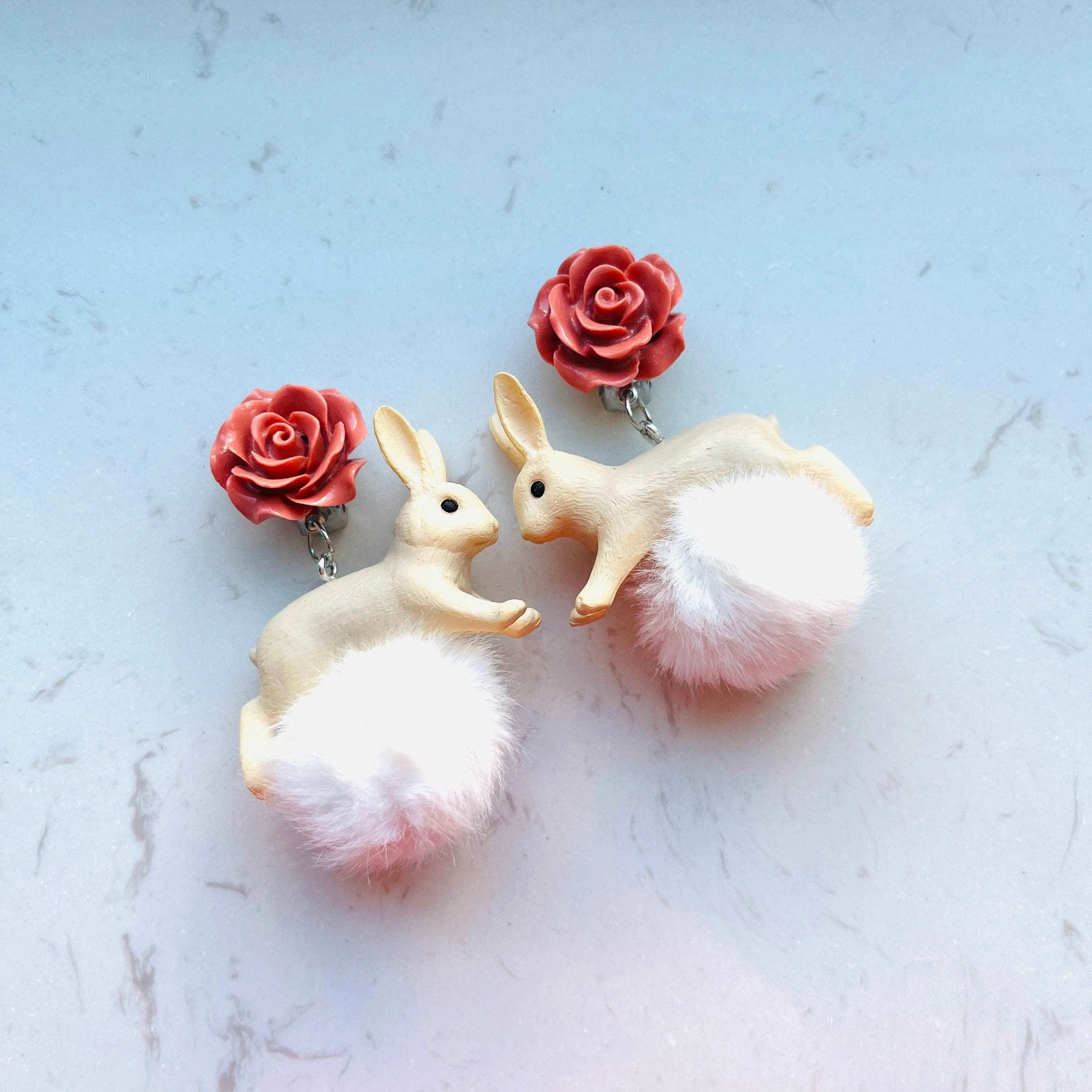 Stuffed Ball Bunny Clip On Earrings