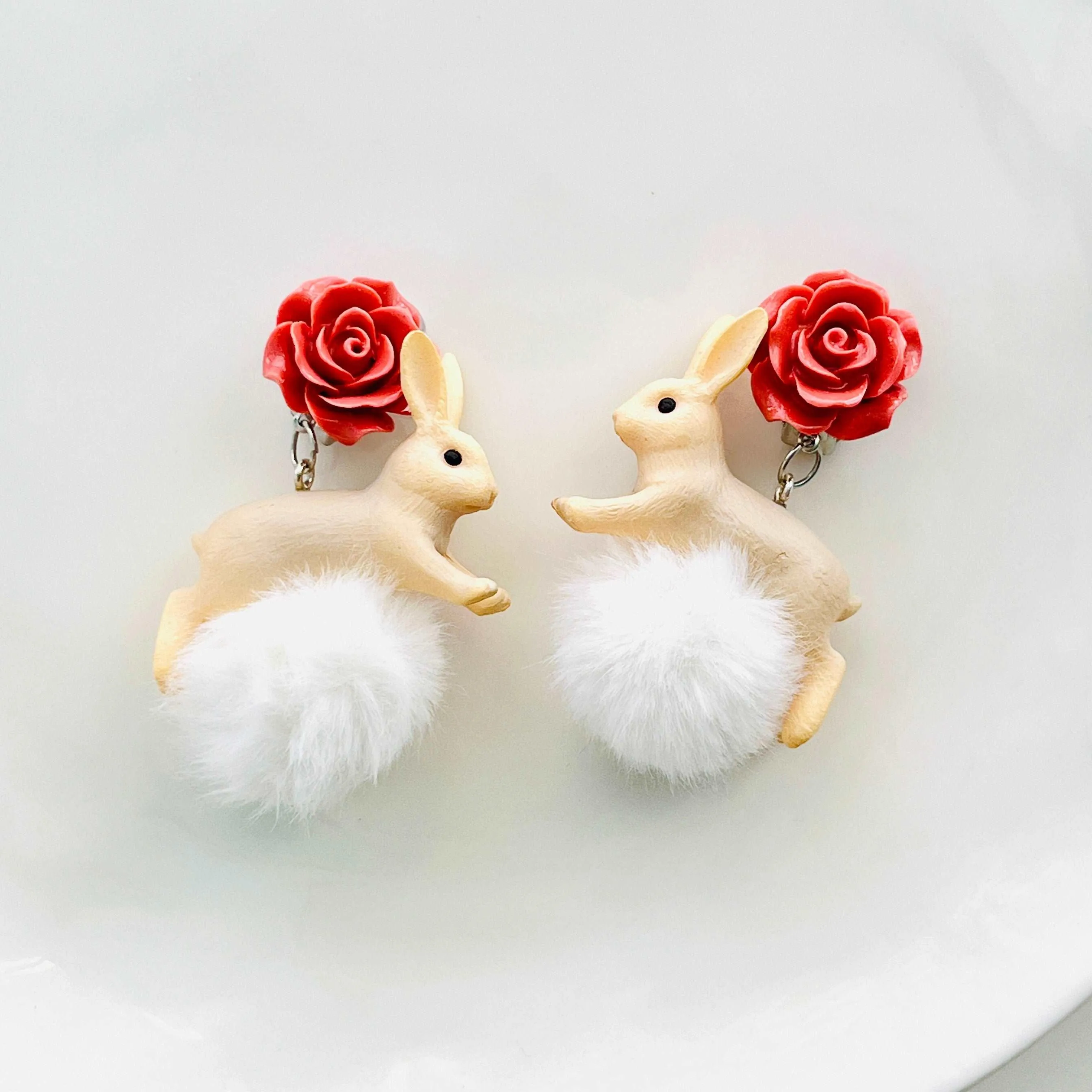 Stuffed Ball Bunny Clip On Earrings