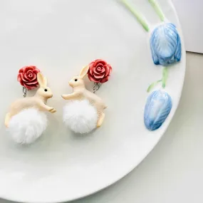 Stuffed Ball Bunny Clip On Earrings