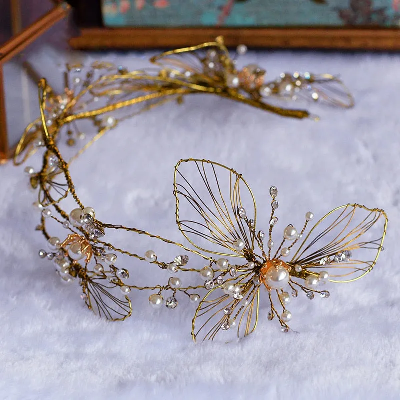 Vintage Gold Leaf Crown Handmade Pearl Tiara Headband