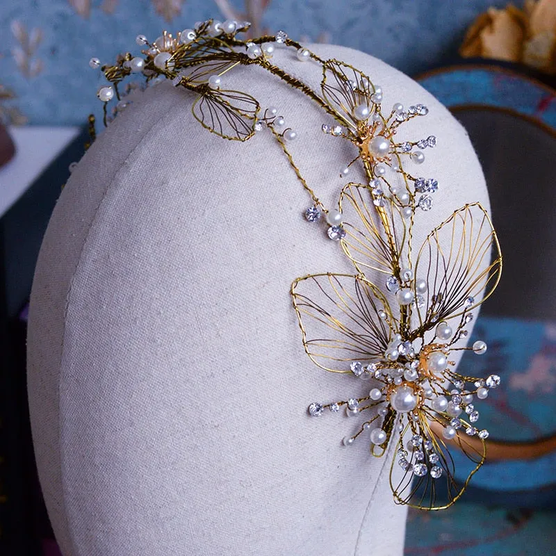 Vintage Gold Leaf Crown Handmade Pearl Tiara Headband