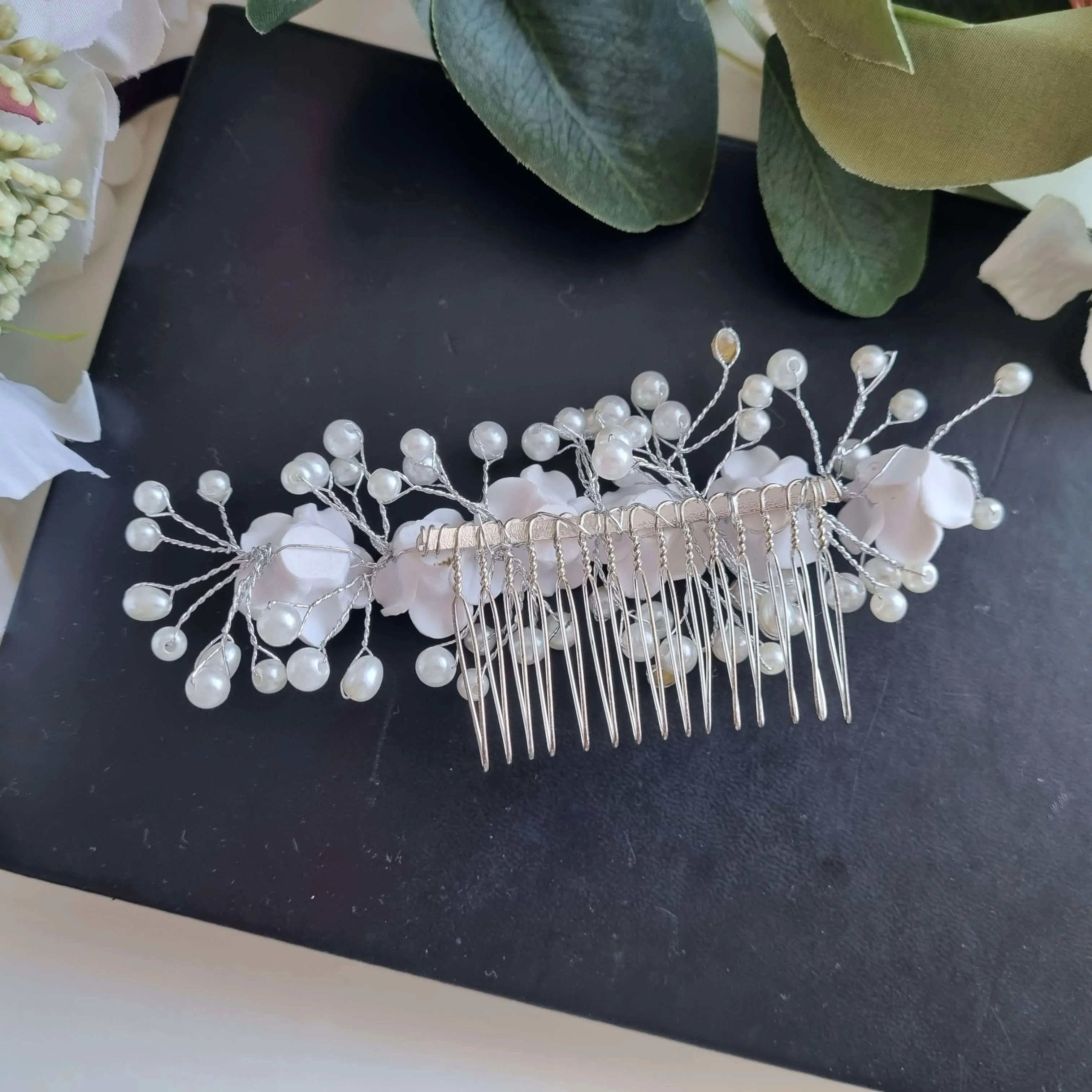 White roses asymmetric hair accessory