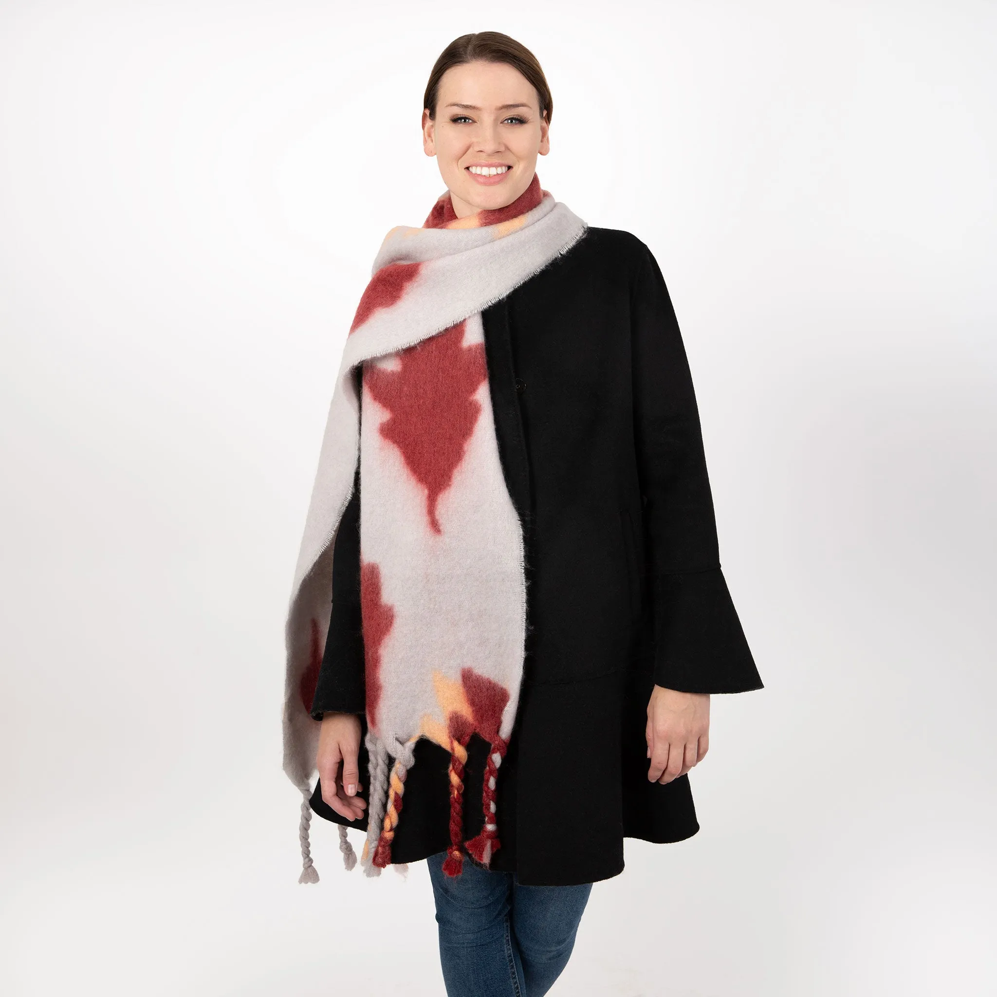 Women’s Abstract Leaf Pattern Blanket Scarf with Tassels